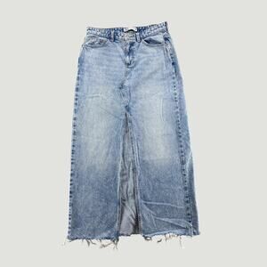 Zara Denim Maxi Skirt Women’s Medium Front Slit Raw Hem Blue Casual